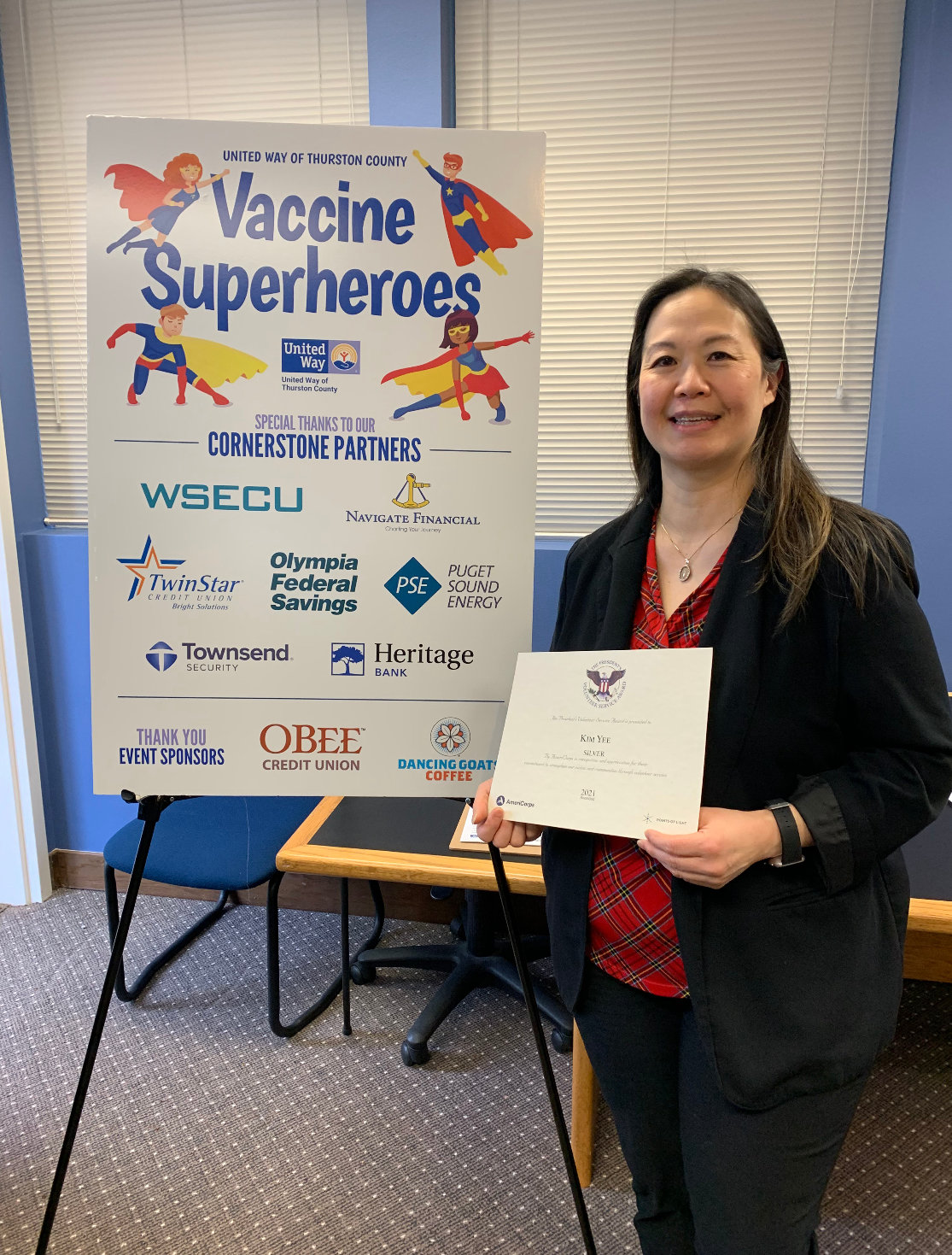 President’s Volunteer Service Awardee Kim Yee served for 473 hours volunteering for Thurston County’s vaccination drive last year.